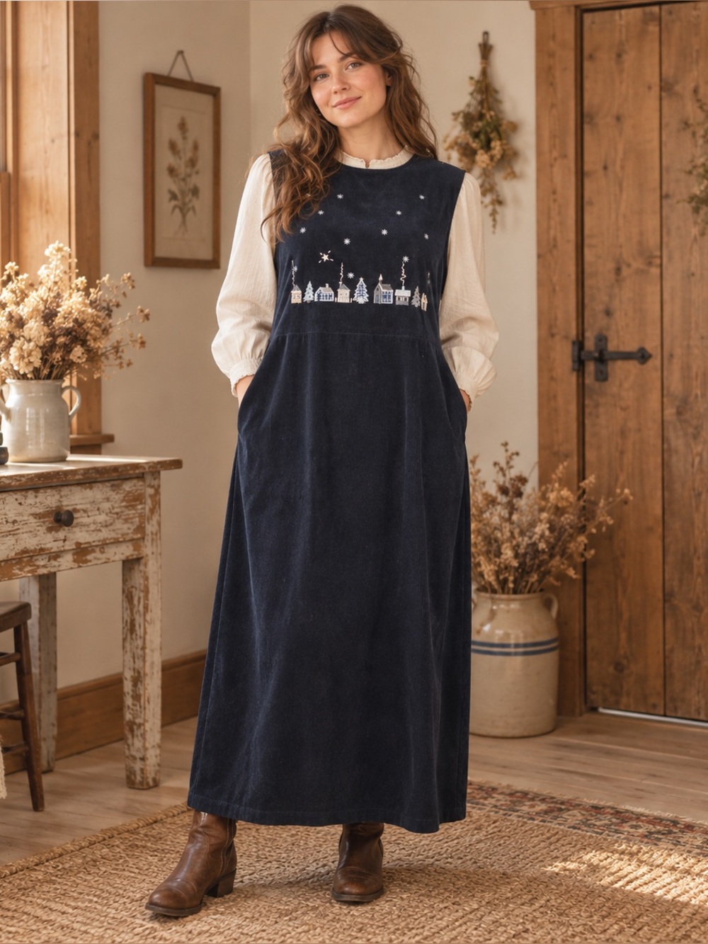 Vintage Woolrich Navy Corduroy Embroidered Winter Village Maxi Dress XL NWT